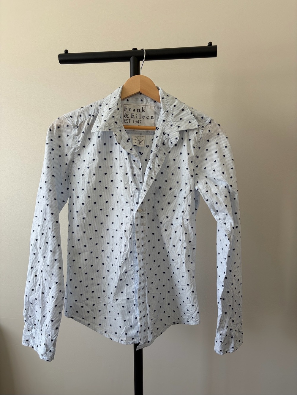 Frank & Eileen Light Blue Striped Shirt with Navy Heart Motif